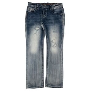 Rock Revival Pruitt Slim Straight Jeans 36 x 32 Blue Distressed Embroidered Mens